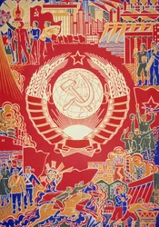 Sovjet propagandaposter door Boris Parmeev (Parmeyev) genaamd Onder de zon van het moederland versterken we, USSR, jaren 1970
